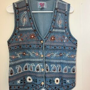Embroidered Denim Vest with Floral Patterns